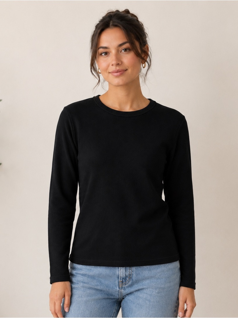 Crystal-Kobe Women’s Black Waffle Knit Long Sleeve Crew Neck Top Size 8